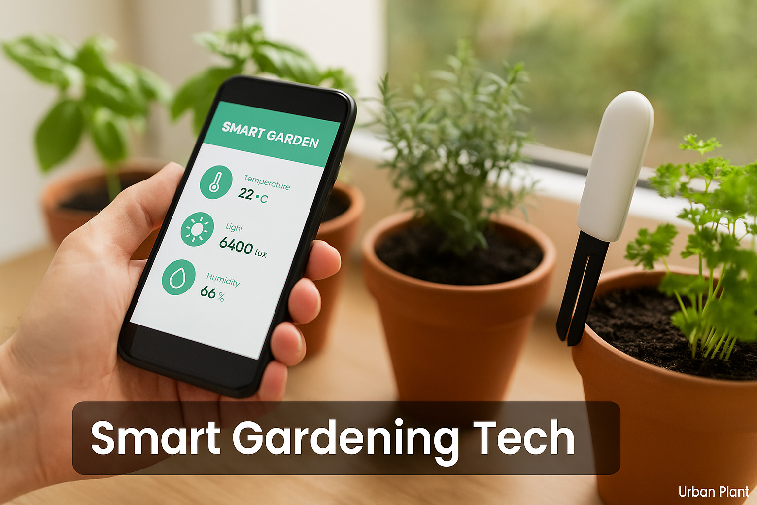 Smart gardening tech by Urban Plant featuring a soil sensor and smartphone app displaying plant care data near indoor potted herbs